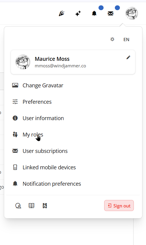 Devolutions Server account menu with the My roles option highlighted.