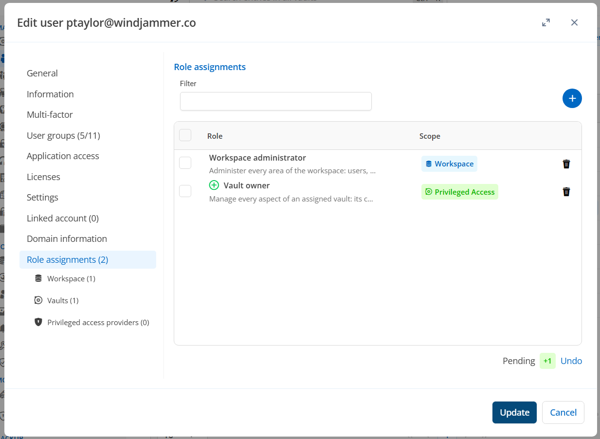 Devolutions Server Edit user dialog showing Workspace administrator and Vault owner role assignments.
