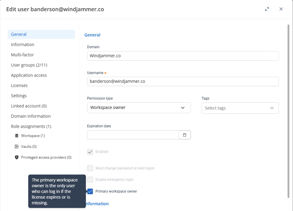 Devolutions Server Edit user dialog with the Primary workspace owner checkbox selected.