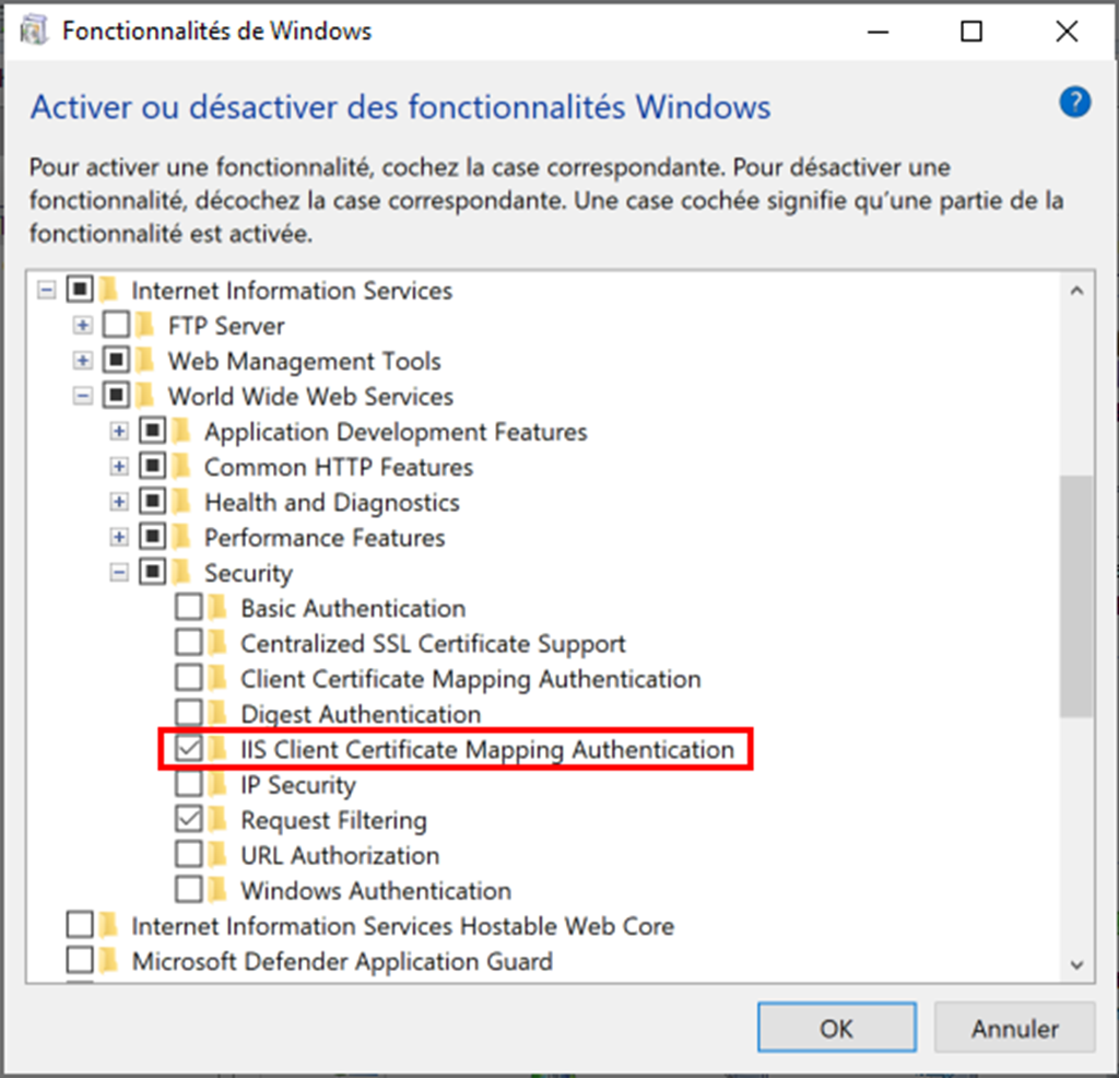 Image 1 – Activer la fonctionnalité IIS Client Certificate Mapping