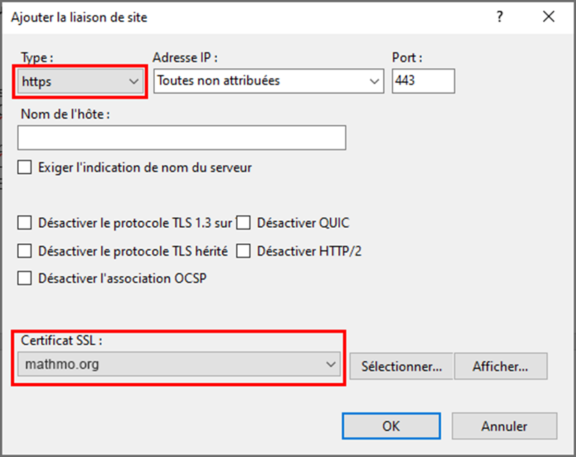 Image 3 – Configurer le certificat de serveur pour la liaison de type HTTPS