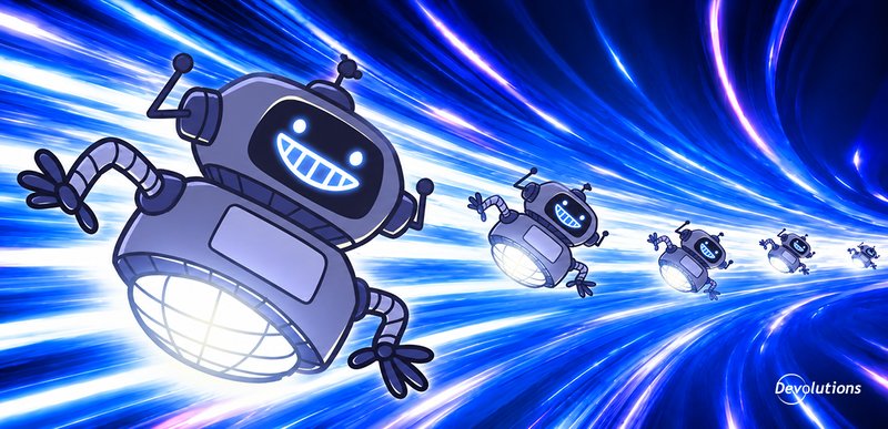 Smiling cartoon robots speeding through a blue tunnel of light.