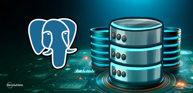 PostgreSQL elephant logo beside a database server on a circuit board.