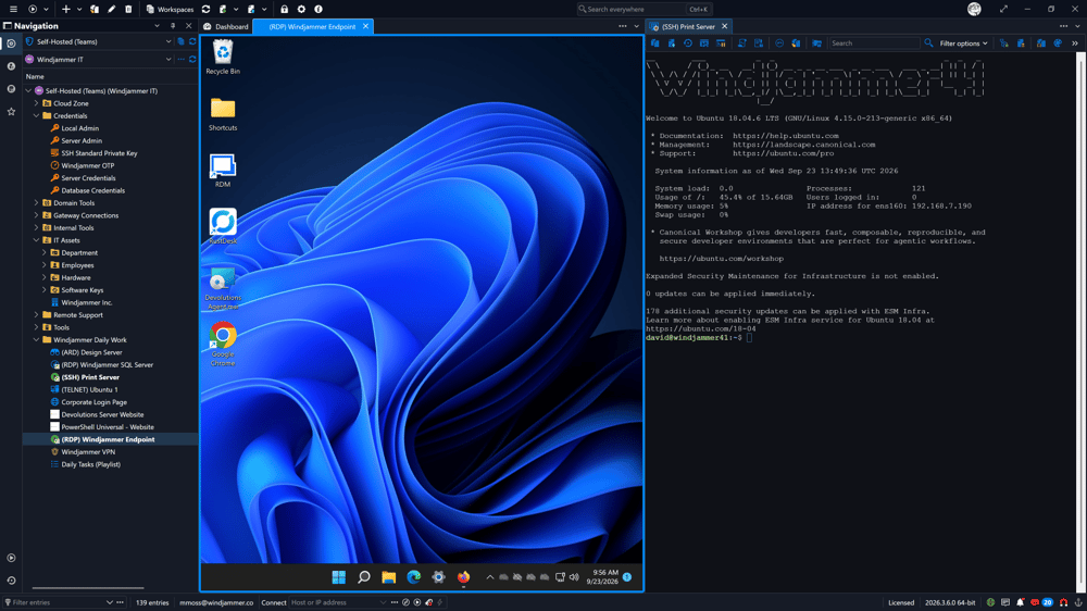 Remote Desktop Manager interface centralizing remote connections,
credentials, and session controls.