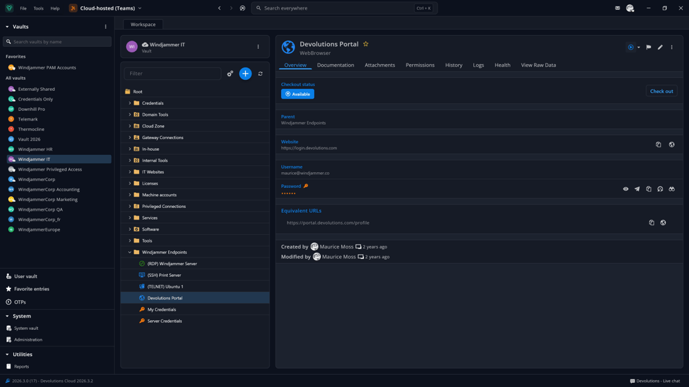 Devolutions Password Manager interface for storing and sharing team credentials securely.