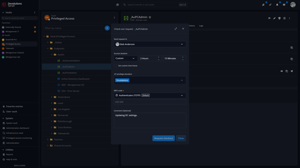 Devolutions PAM checkout workflow for approving and monitoring privileged access sessions.