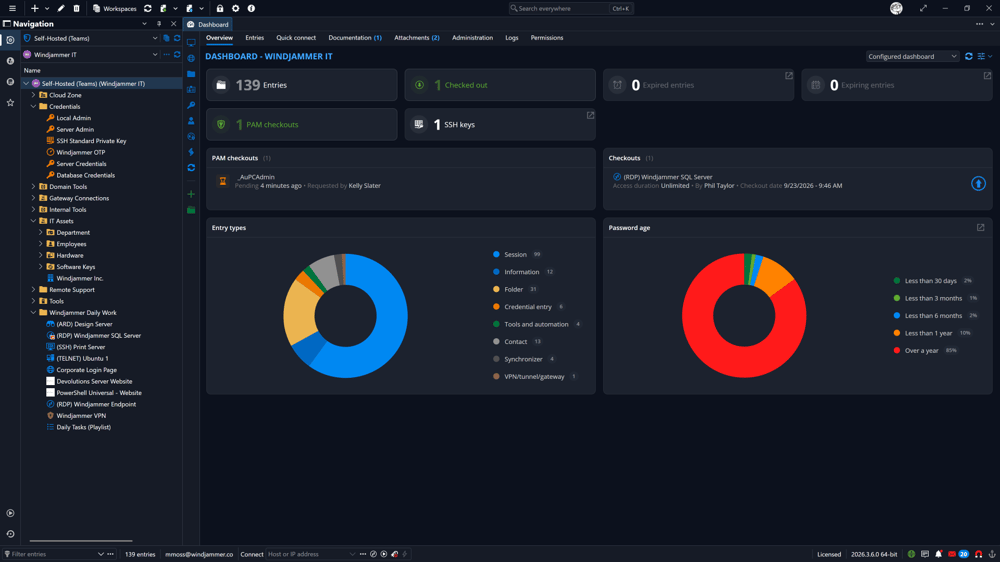 Remote Desktop Manager dashboard showing entry counts, PAM checkouts, entry types, and password age.