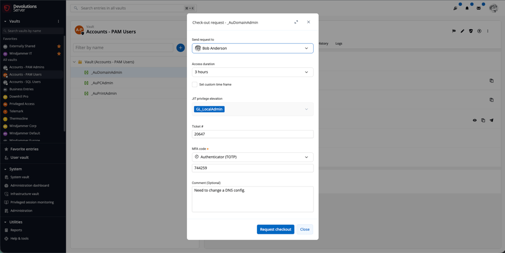 Devolutions PAM checkout workflow for approving and monitoring privileged access sessions.