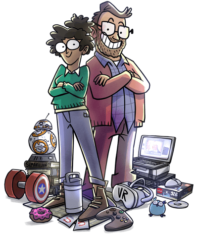 Two cartoon Devolutions employees surrounded by their geeky hobbies symbolizing the team culture.
