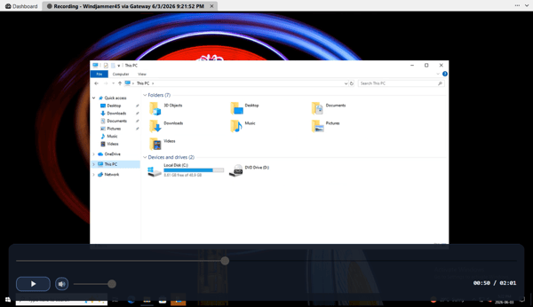 Devolutions PAM session recording playback of a remote desktop session.