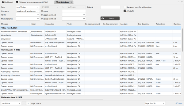 Devolutions PAM activity logs view listing privileged sessions, edits, and durations.