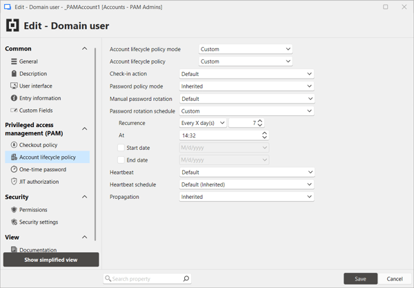 Devolutions PAM password rotation settings with automatic and scheduled options.