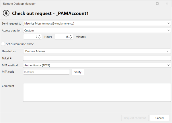 Devolutions PAM check-out request approval workflow with time range options.
