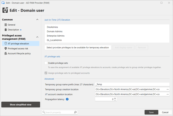 Devolutions PAM just-in-time privilege elevation configuration using directory groups.