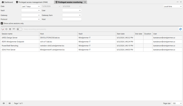 Devolutions PAM privileged session monitoring list of active sessions in real time.