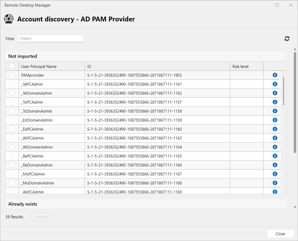 Devolutions PAM privileged account discovery scan results listing detected accounts.