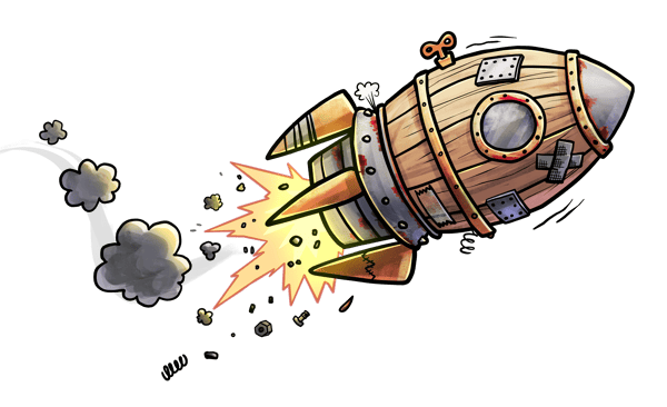 Cartoon wooden rocket, patched and sputtering, illustrating an outdated version in need of an update.