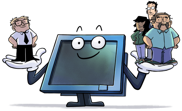 Cartoon Devolutions monitor mascot presenting free tools to a solo user and a small team.