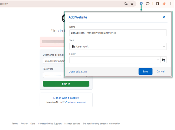 Speichern Sie neue Anmeldedaten für Websites in Ihrem Tresor.