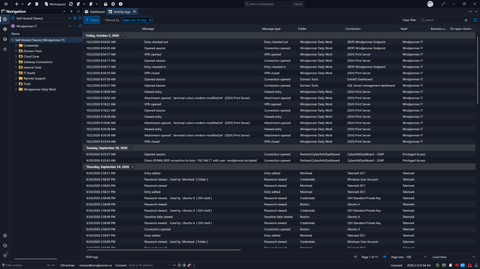 Remote Desktop Manager activity logs tracking session, VPN, and password
access events.