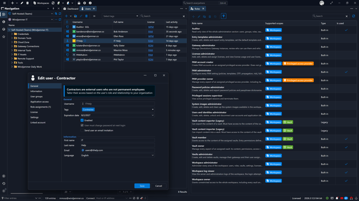 Remote Desktop Manager user editor assigning contractor roles with an access expiration date.