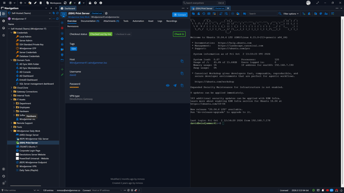 Remote Desktop Manager SSH session launched with checked-out credentials
injected automatically.