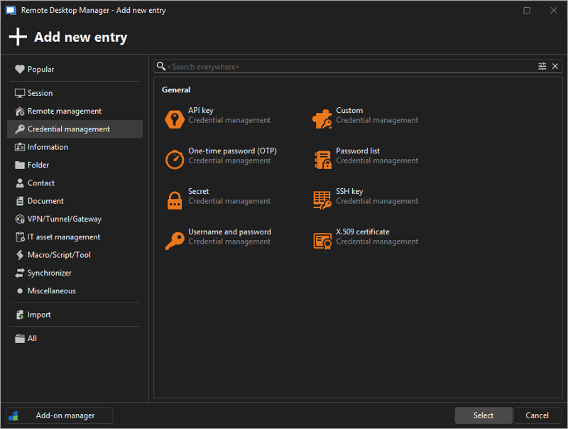 Remote Desktop Manager Free credential vault storing encrypted logins for IT systems.