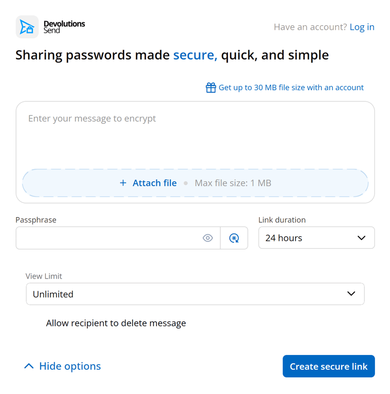 Modulo di Devolutions Send per creare un messaggio crittografato con passphrase, durata del link, limite di visualizzazioni e caricamento di file.