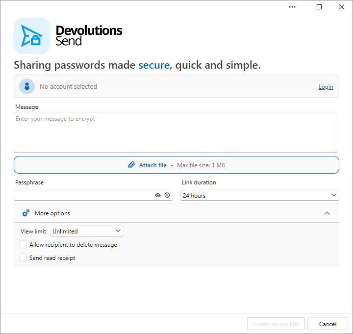Finestra Devolutions Send in Remote Desktop Manager per creare un messaggio crittografato con passphrase, durata del link e allegato.