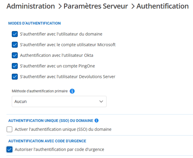 Activation de l’authentification par code d’urgence