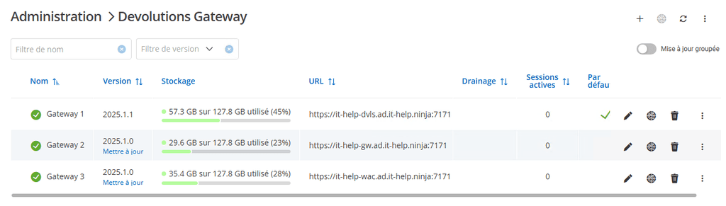 Affichage de l’espace de stockage disponible pour les instances Devolutions Gateway