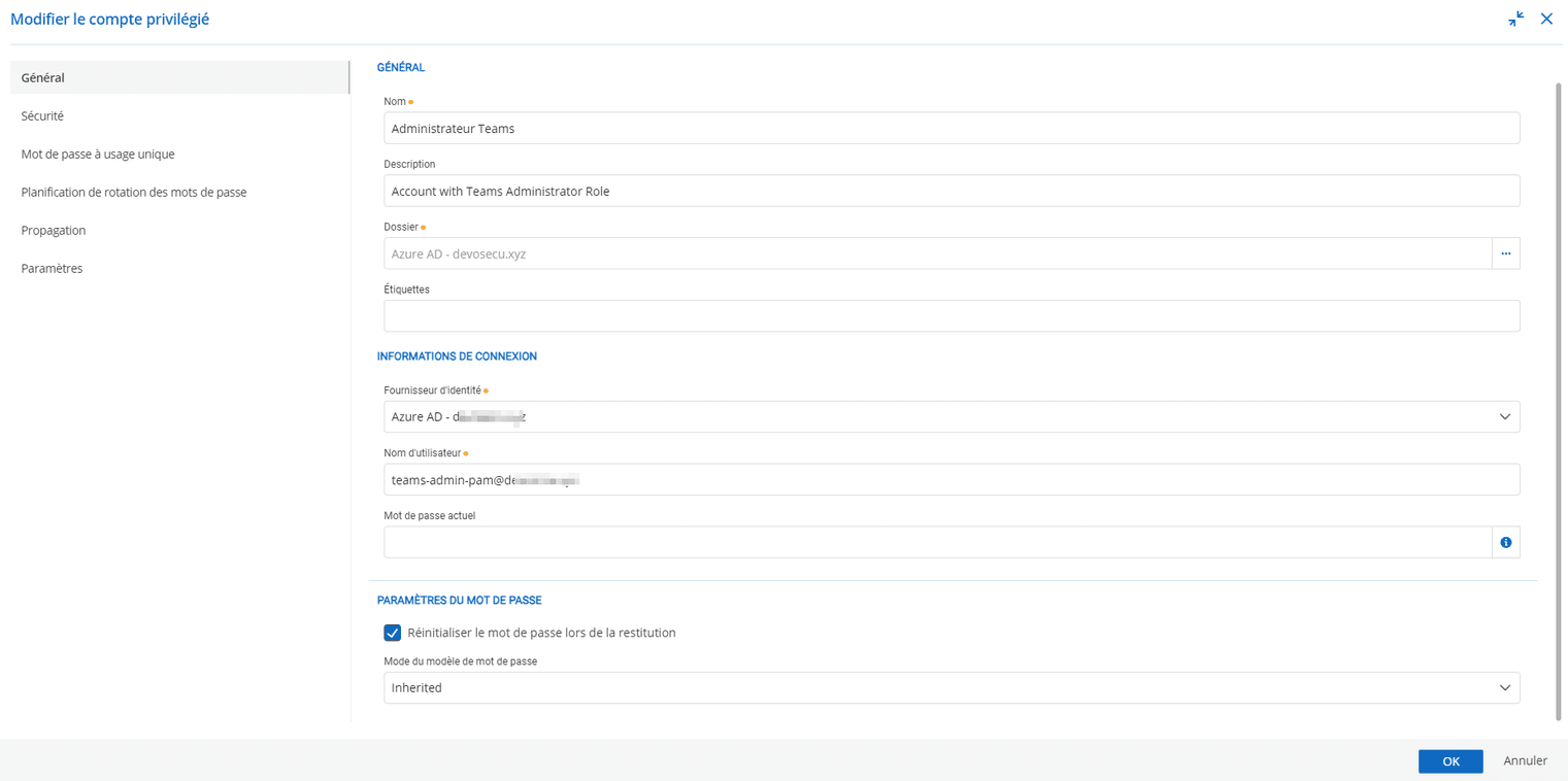 Ajouter le nouveau compte dans un coffre privilégié et indiquer le fournisseur Azure AD