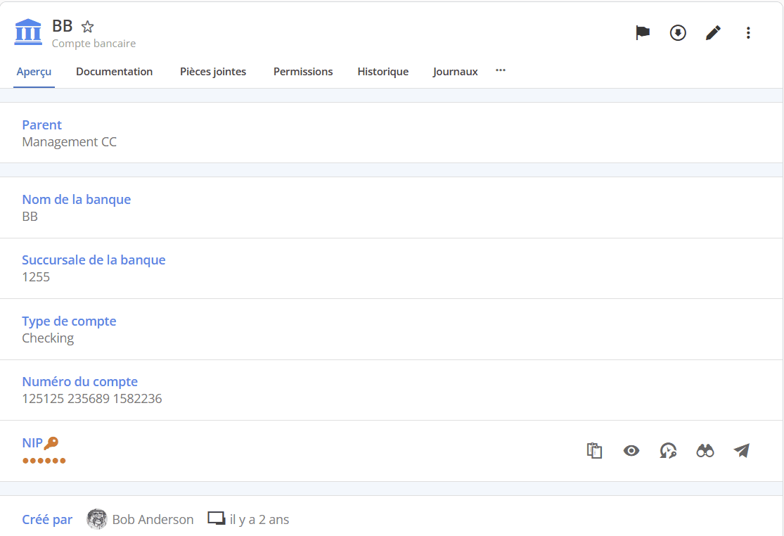 Aperçu d’une entrée compte bancaire