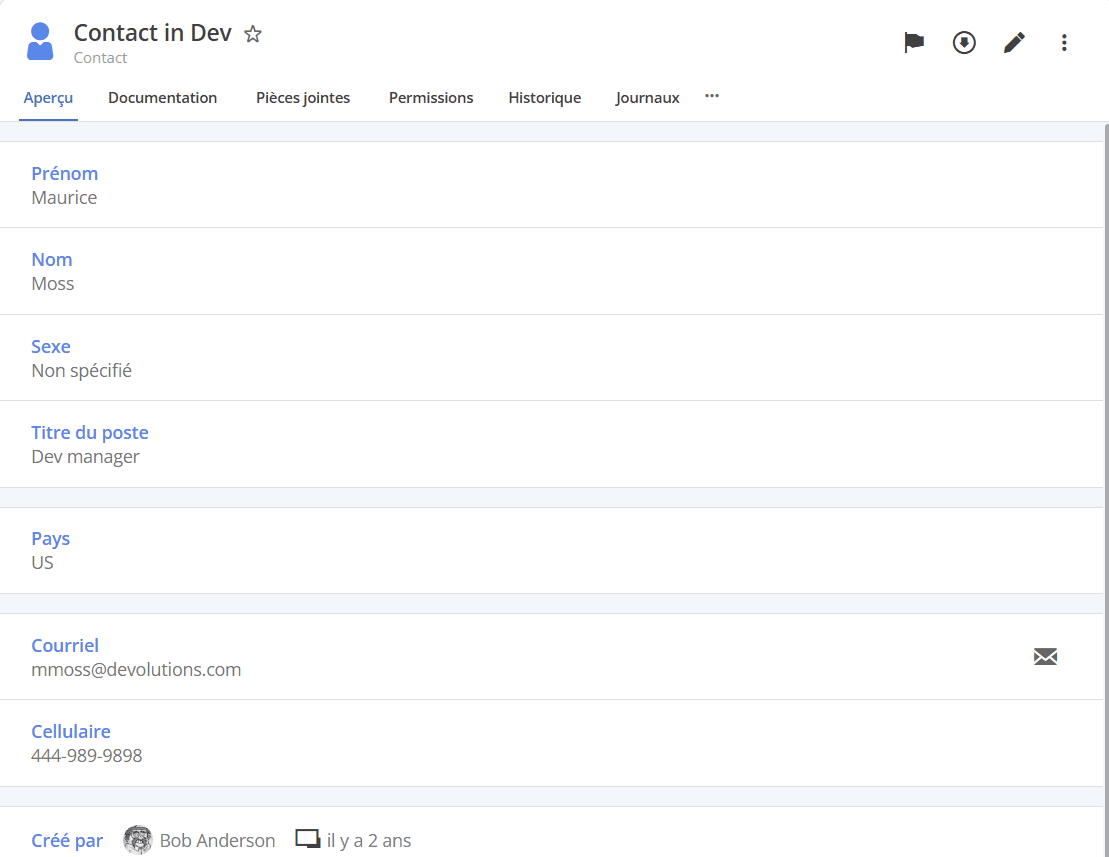 Aperçu d’une entrée de type contact