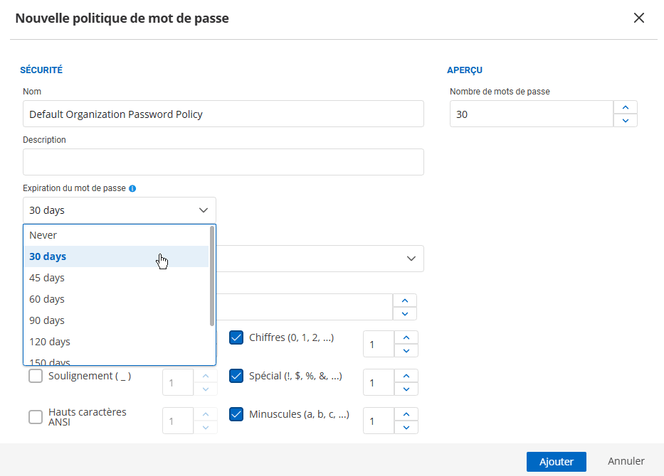 Application des paramètres d’expiration des mots de passe dans une politique de mot de passe