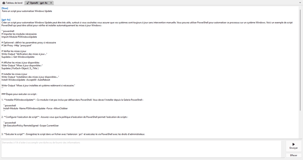 Assistant IA générant un script PowerShell pour une mise à jour Windows