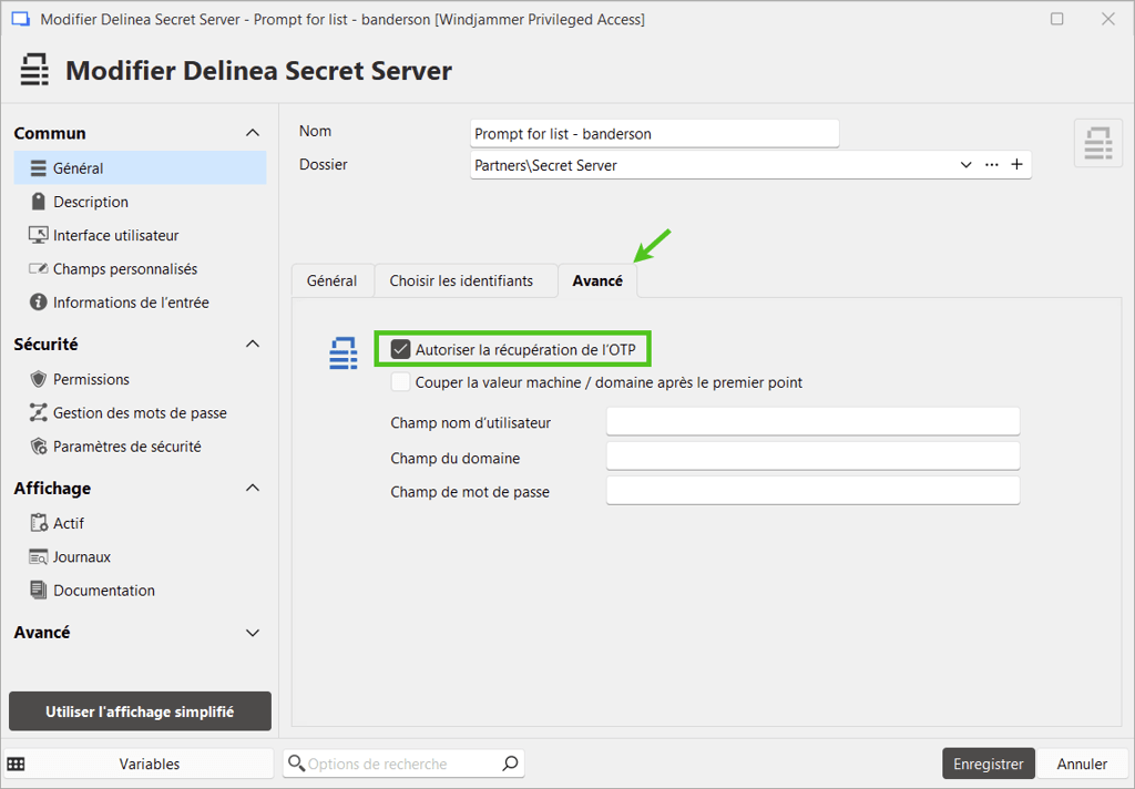 Autoriser la récupération de l’OTP