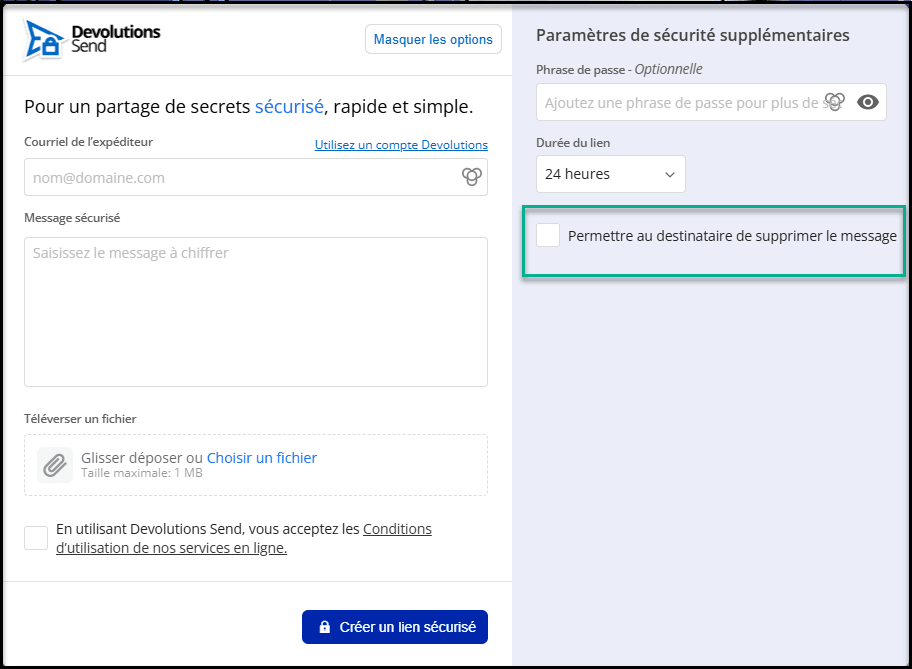 Cochez la case pour permettre la suppression du message