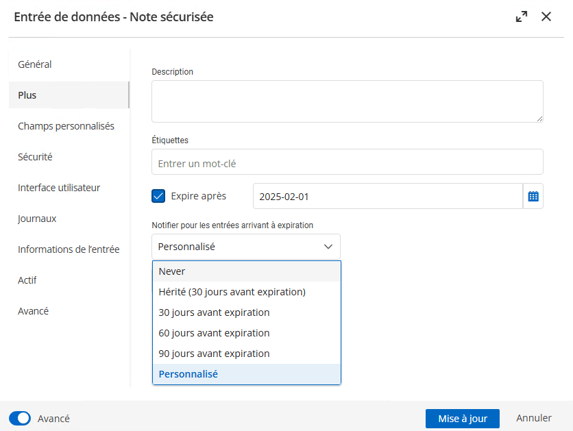 Configuration d’une alerte d’expiration sur une entrée