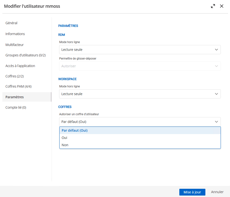Configuration de la disponibilité du coffre utilisateur pour chaque utilisateur