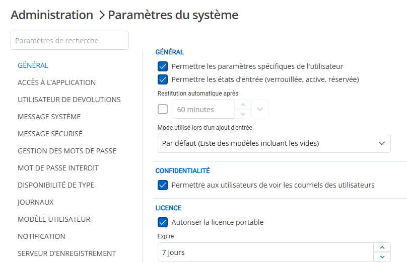 Configuration des paramètres de licence portable