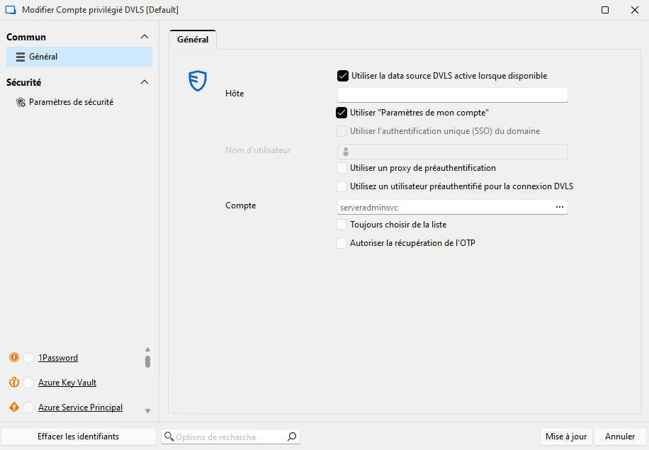Configurer un compte privilégié spécifique à un utilisateur pour utiliser la source de données DVLS active et l’utilisateur actuel