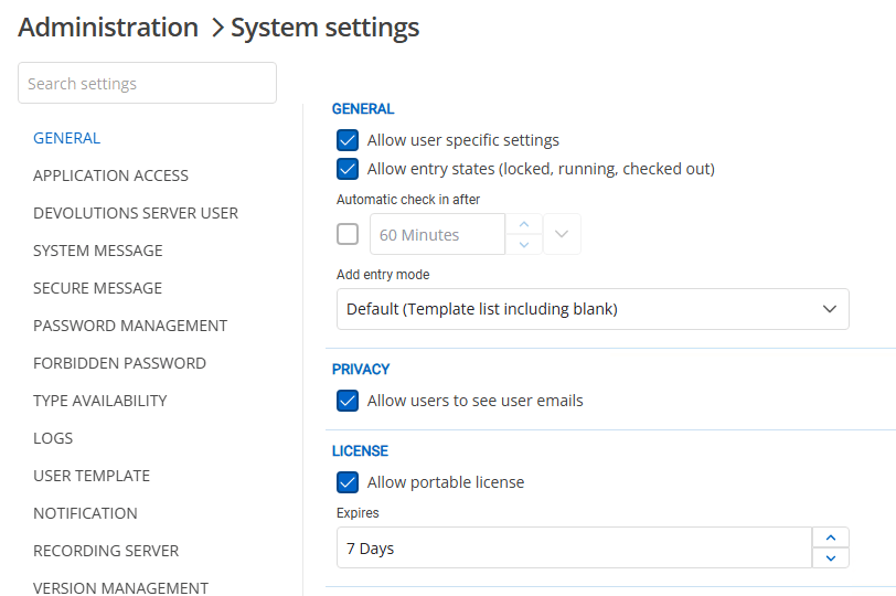 Configuring portable license settings