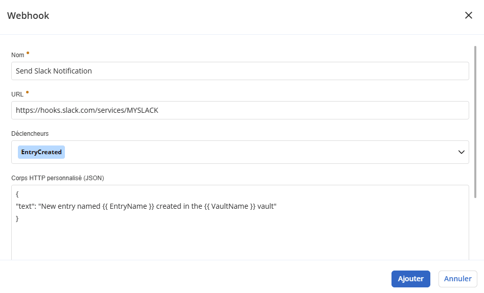 Création d’un webhook Slack dans Devolutions Hub Business