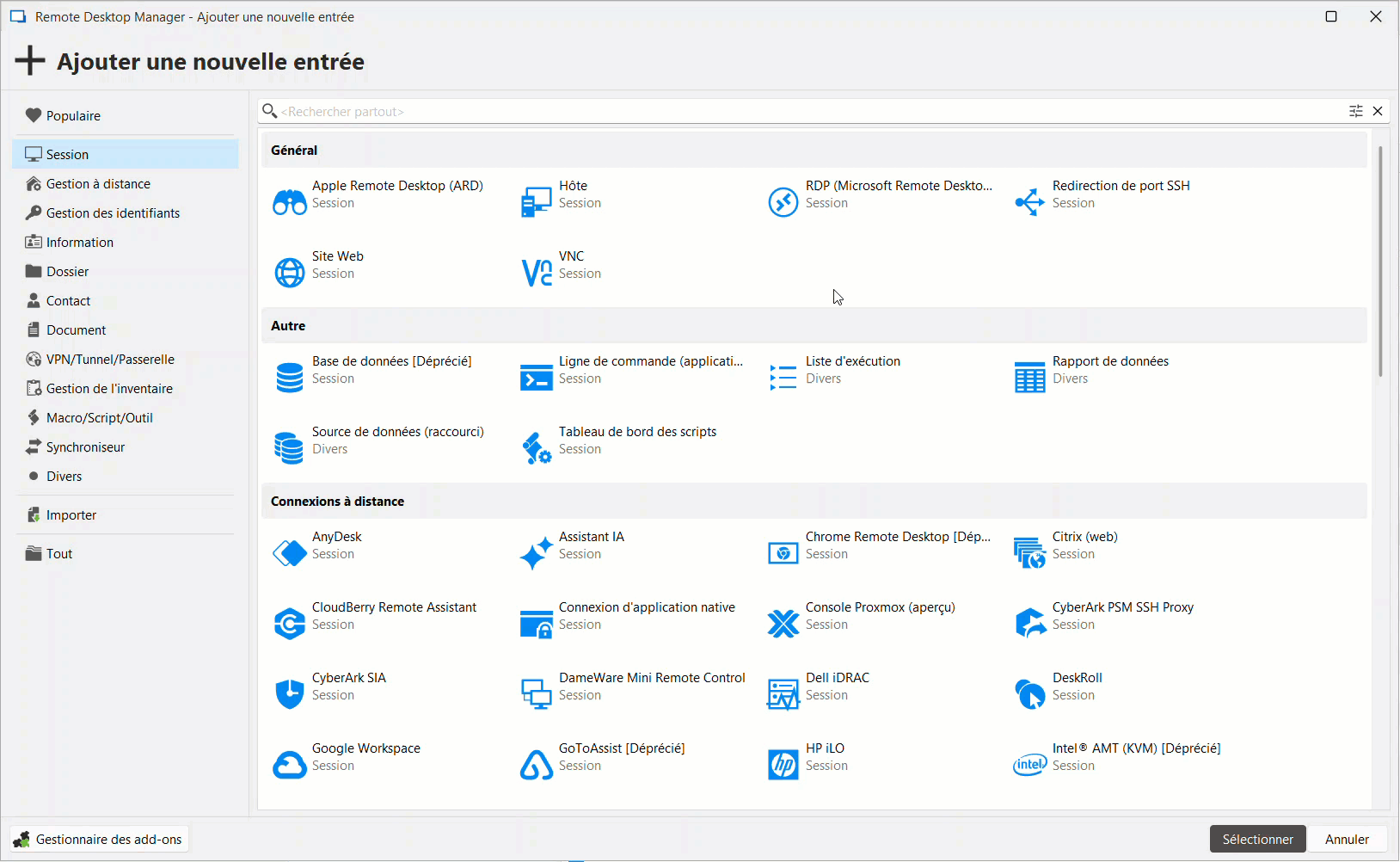 Création d’une nouvelle session avec sélection du protocole