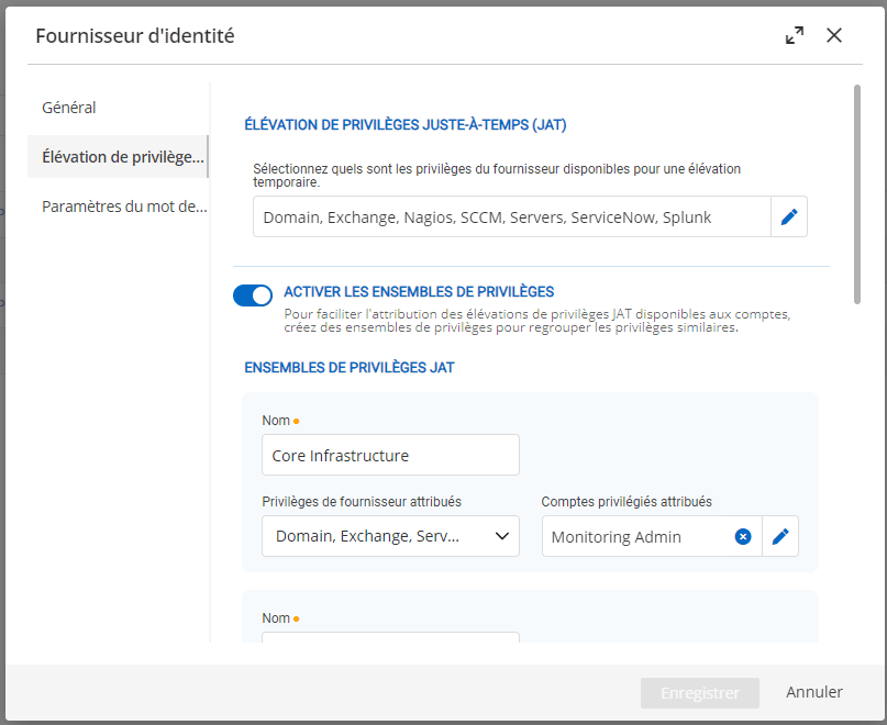 Création des ensembles de privilèges JAT pour les entrées PAM