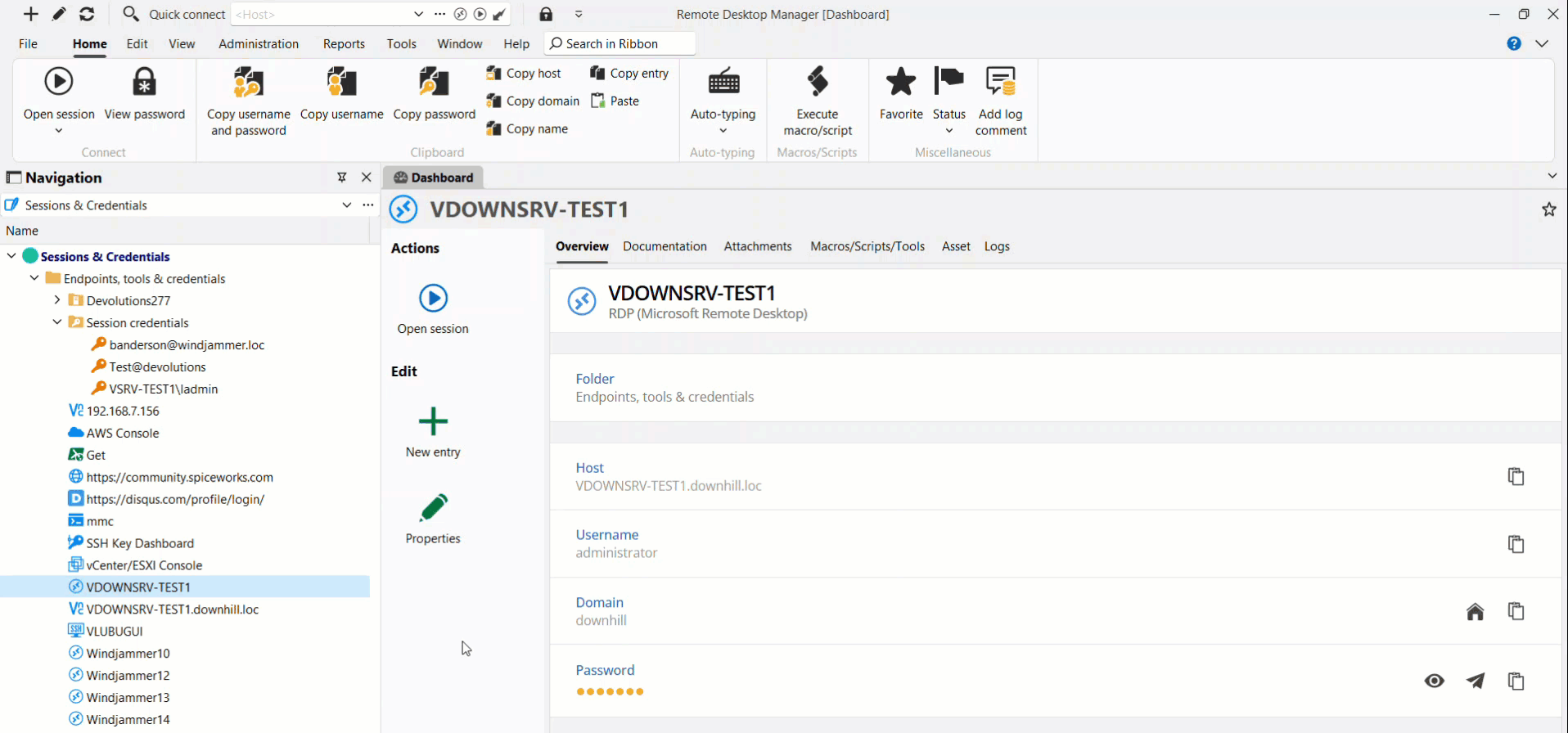 Credential management showcasing credential entries and session linking