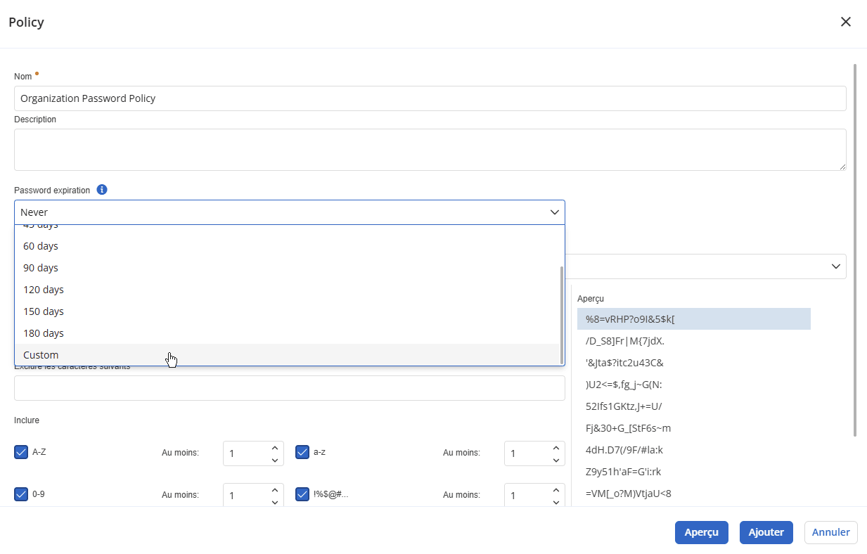 Définition d’une expiration de mot de passe pour une politique de mot de passe