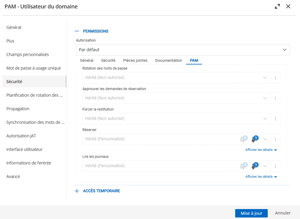 Définition des permissions spécifiques à PAM pour les coffres, dossiers et entrées