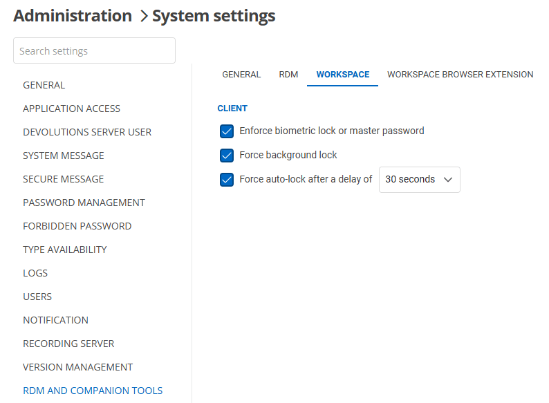 Enforcing biometric lock or master password in Devolutions Workspace from DVLS